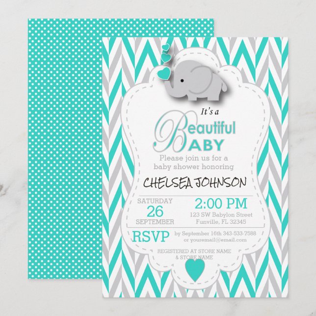 Turquoise, White & Gray Elephant Baby Shower Invitation (Front/Back)