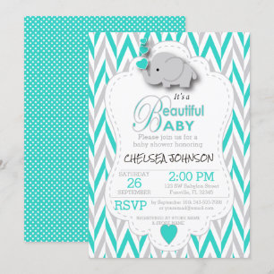 Turquoise, White & Gray Elephant Baby Shower Invitation