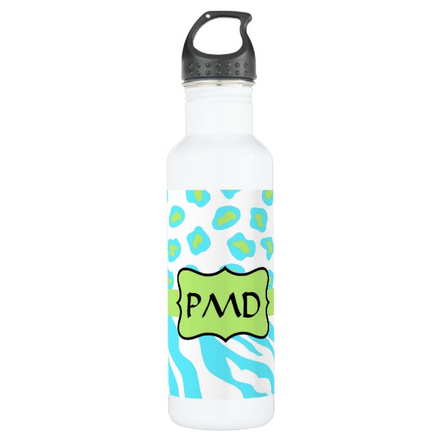 Turquoise, White & Green Zebra & Cheetah Custom 710 Ml Water Bottle (Front)