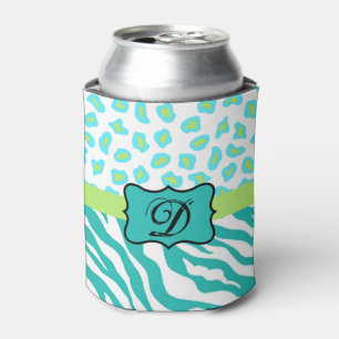 Turquoise White Green Zebra Leopard Skin Monogram Can Cooler