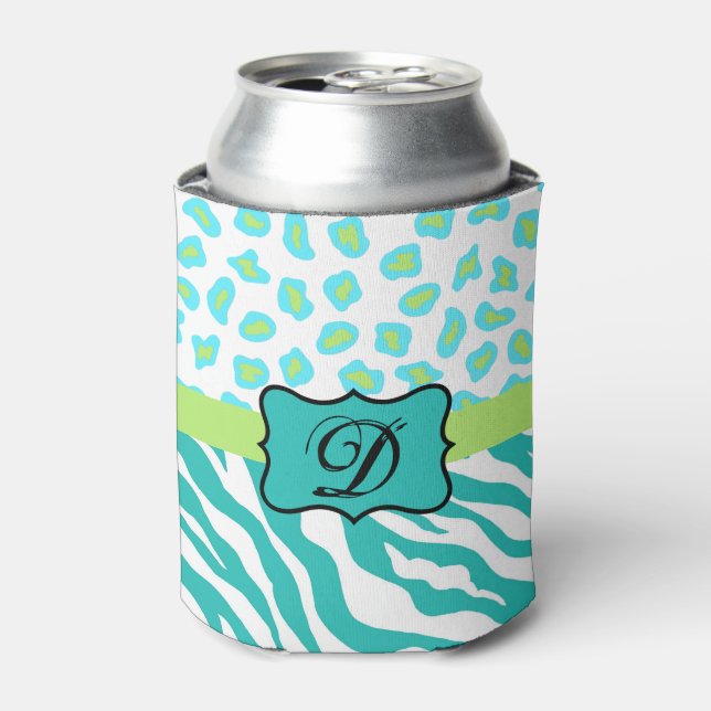 Turquoise White Green Zebra Leopard Skin Monogram Can Cooler (Can Front)