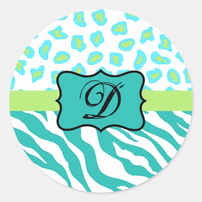 Turquoise White Green Zebra Leopard Skin Monogram Classic Round Sticker (Front)