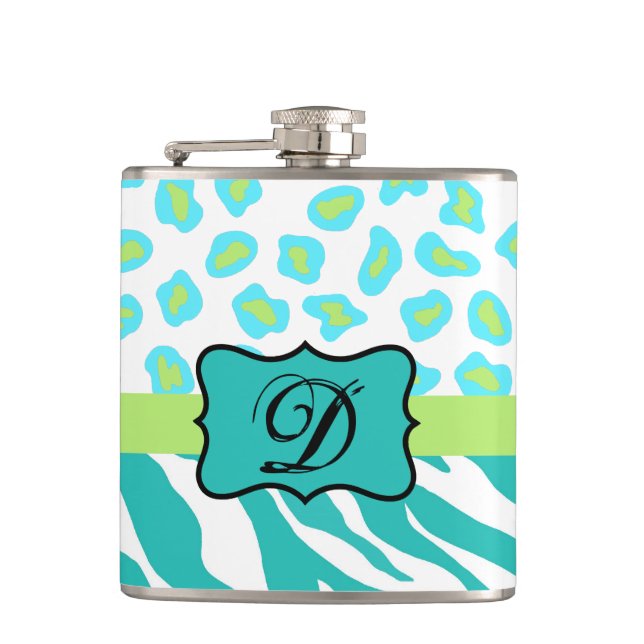 Turquoise White Green Zebra Leopard Skin Monogram Hip Flask (Front)