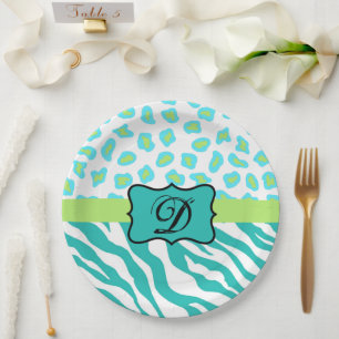 Turquoise White Green Zebra Leopard Skin Monogram Paper Plate