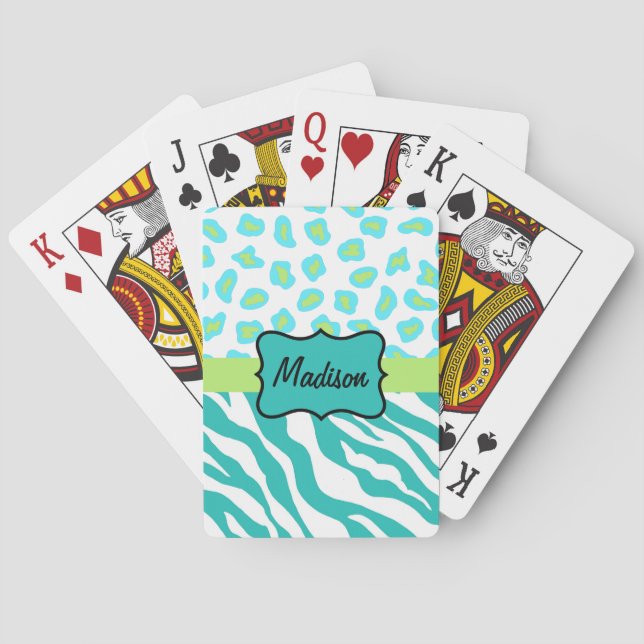 Turquoise White Green Zebra Leopard Skin Monogram Playing Cards (Back)