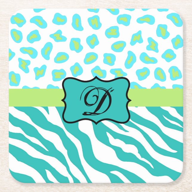 Turquoise White Green Zebra Leopard Skin Monogram Square Paper Coaster (Front)