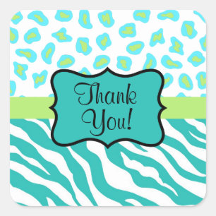 Turquoise White Green Zebra Leopard Skin Thank You Square Sticker