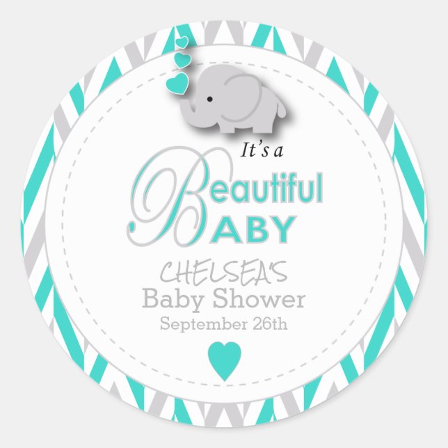 Turquoise, White Grey Elephant Baby Shower Classic Round Sticker (Front)