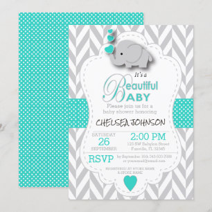 Turquoise, White Grey Elephant Baby Shower Invitation