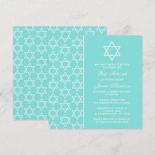 Turquoise & White Jewish Star Of David Bat Mitzvah Invitation