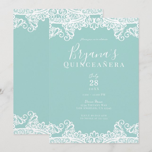 Turquoise & White Lace Elegant Quinceañera Party   Invitation (Front/Back)