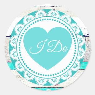 Turquoise White Lacey I Do WeddingStickers Classic Round Sticker