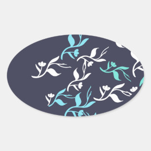 Turquoise White Leaves Pattern Product Oval Sticker
