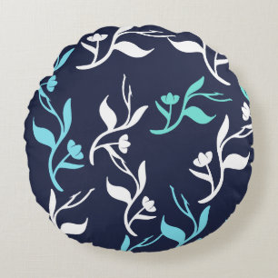 Turquoise White Leaves Pattern Product Round Cushion