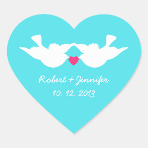 Turquoise White Love Birds Silhouette Heart Sticker
