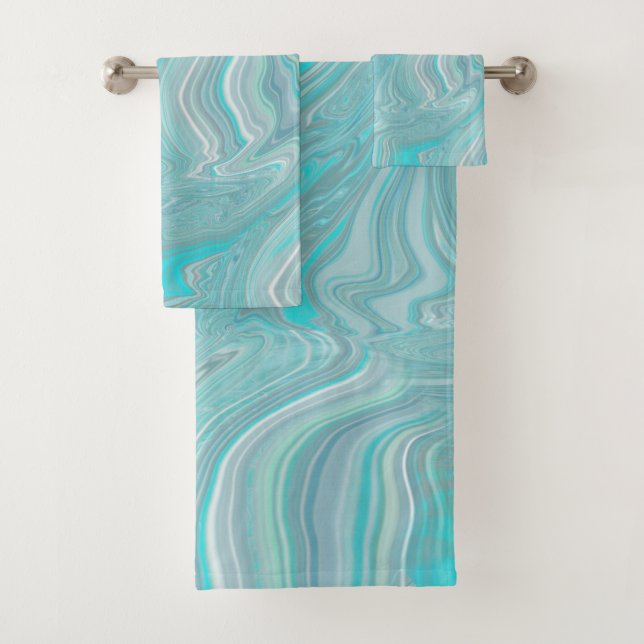 Turquoise White Marble Abstract Art Bath Towel Set (Insitu)