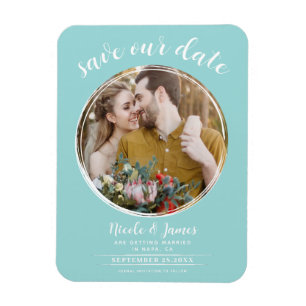 Turquoise & White Modern Round Photo Save the Date Magnet