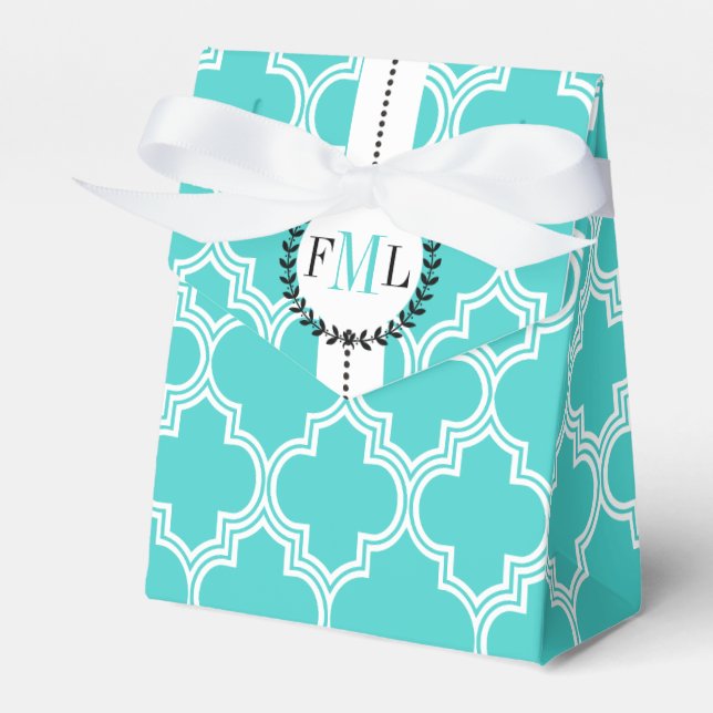 Turquoise, white Moroccan monogram wedding Favour Box (Front Side)