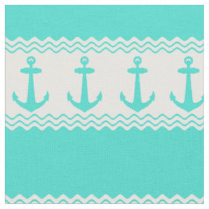 Turquoise White Nautical Anchor Coastal Stripes Fabric