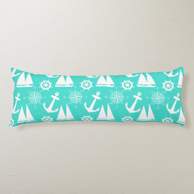 Turquoise White Nautical Coastal Boating Body Cushion (Front)