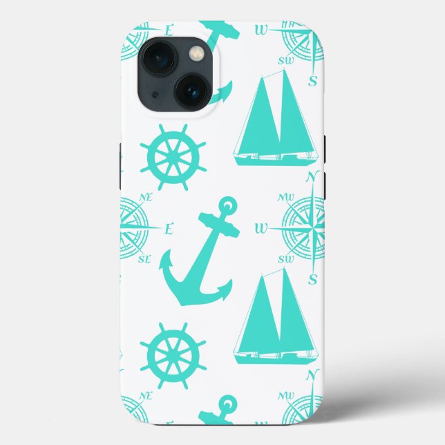 Turquoise White Nautical Coastal Boating Case-Mate iPhone Case (Back)