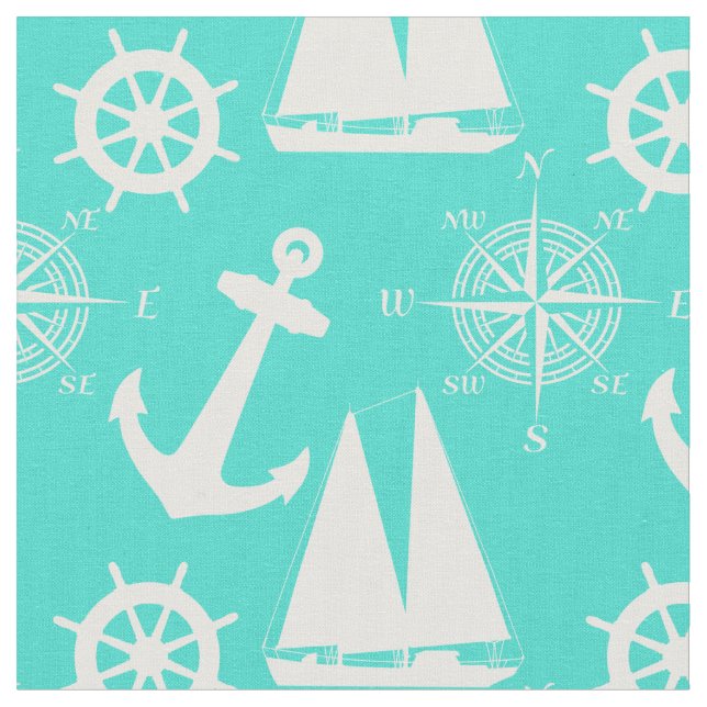 Turquoise White Nautical Coastal Boating Fabric (Close Up)