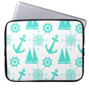 Turquoise White Nautical Coastal Boating Laptop Sleeve