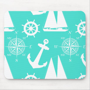 Turquoise White Nautical Coastal Boating Mouse Mat