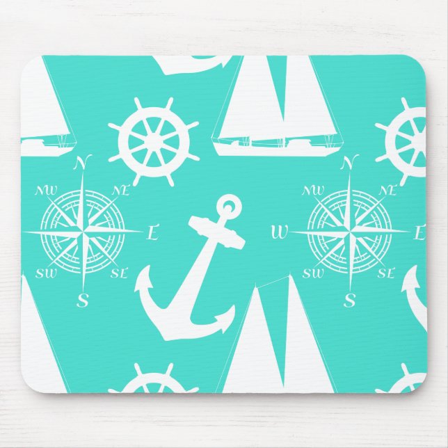 Turquoise White Nautical Coastal Boating Mouse Mat (Front)