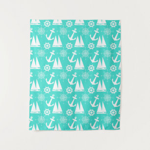 Turquoise White Nautical Coastal Boating Tapestry