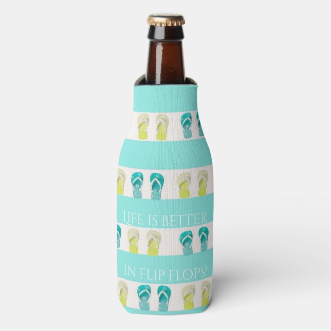 Turquoise white nautical flip flops beach bottle cooler (Bottle Front)