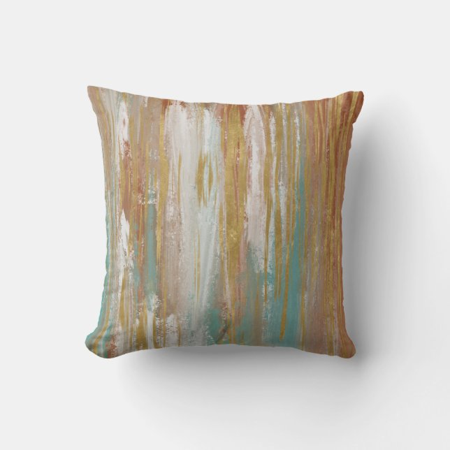 Turquoise, White, Red Ochre and Gold Abstract Cushion (Front)
