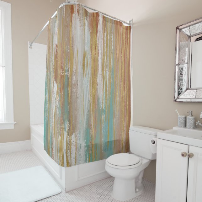 Turquoise, White, Red Ochre and Gold Abstract Shower Curtain (In Situ)