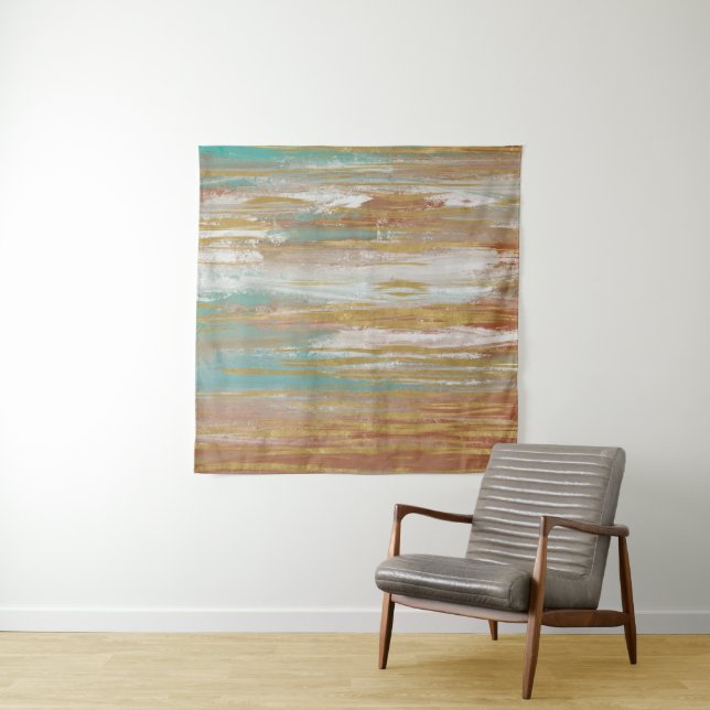 Turquoise, White, Red Ochre and Gold Abstract Tapestry (In Situ (Horizontal))