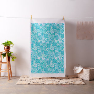 Turquoise & White Retro Flowers And Butterflies Fabric