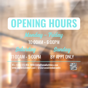 Turquoise White Retro Script QR Code Opening Hours Window Cling