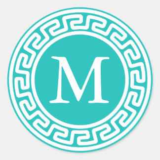 Turquoise White Round Greek Key Border Monogram Classic Round Sticker