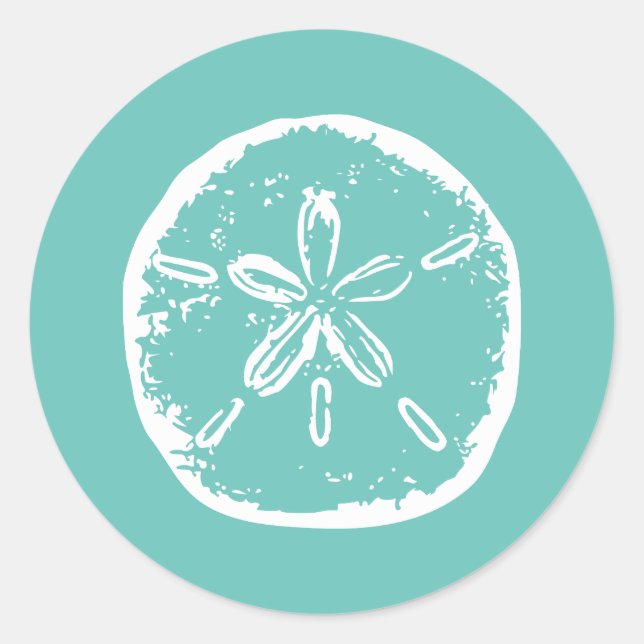 Turquoise white Sand dollar beach wedding stickers (Front)