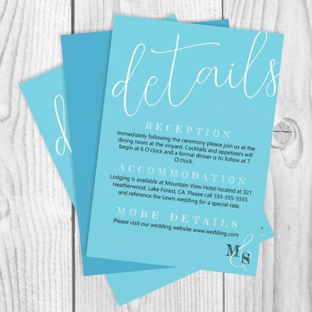 Turquoise, White Script Wedding Details Enclosure Card (elegant simple cyan turquoise wedding details enclosure card, calligraphy script)