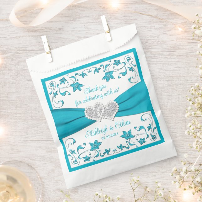 Turquoise, White, Silver Love Hearts Wedding Favour Bags (Clipped)