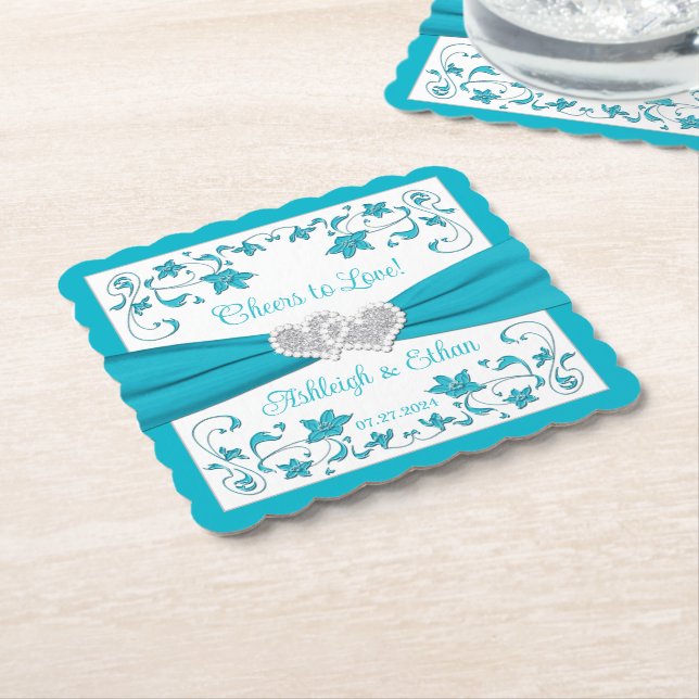 Turquoise, White, Silver Love Hearts Wedding Paper Coaster (Angled)