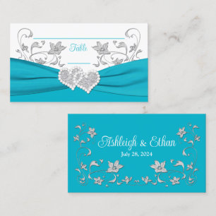 Turquoise, White, Silver Love Hearts Wedding Place Card