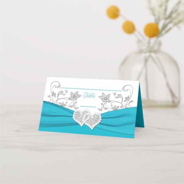 Turquoise, White, Silver Love Hearts Wedding Place Card (Front)