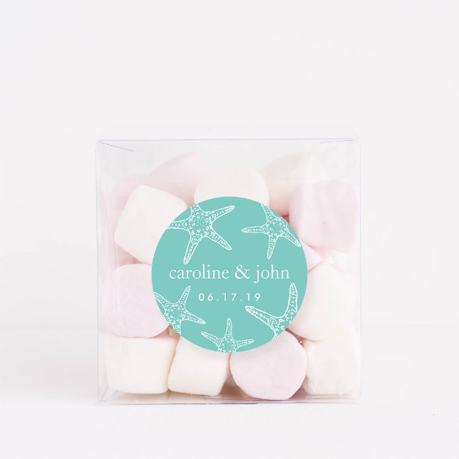 Turquoise & White Starfish Personalised Wedding Classic Round Sticker (Creator Uploaded)