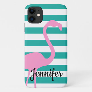 Turquoise White Stripe Personalised Pink Flamingo iPhone 11 Case