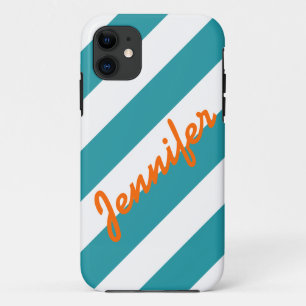 TURQUOISE WHITE STRIPES ORANGE NAME iPhone 11 CASE