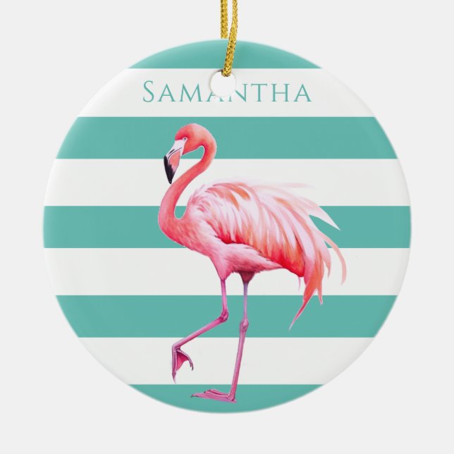 Turquoise White Stripes Pink Flamingo Christmas Ceramic Tree Decoration (Front)