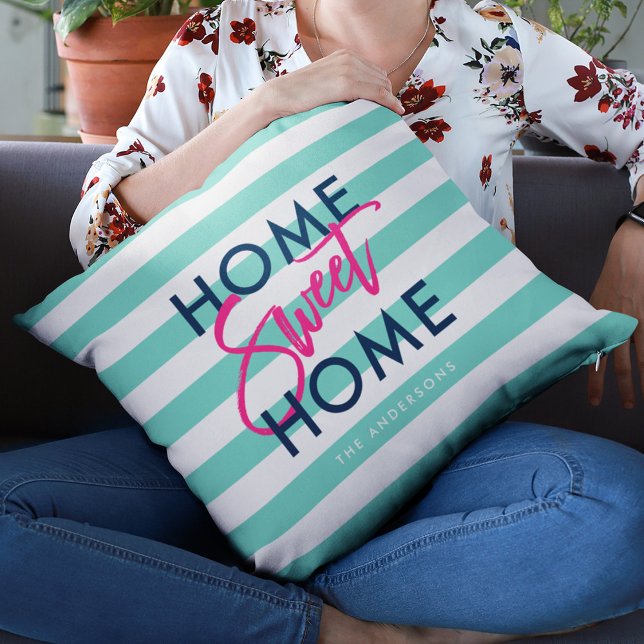 Turquoise & White Stripes Pink Home Sweet Home Cushion (Creator Uploaded)