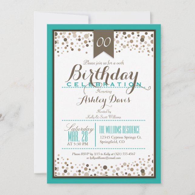 Turquoise, White, & Taupe Modern Birthday Party Invitation (Front)
