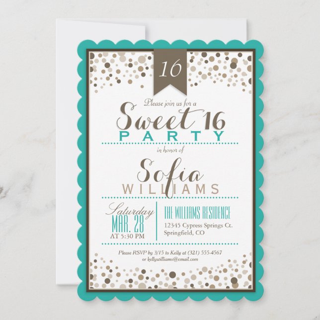 Turquoise, White, & Taupe Sweet 16 Party Invitation (Front)